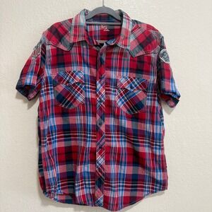 Arizona Jean Co Mens Plaid Short Sleeve Button Up Shirt Red Blue XL